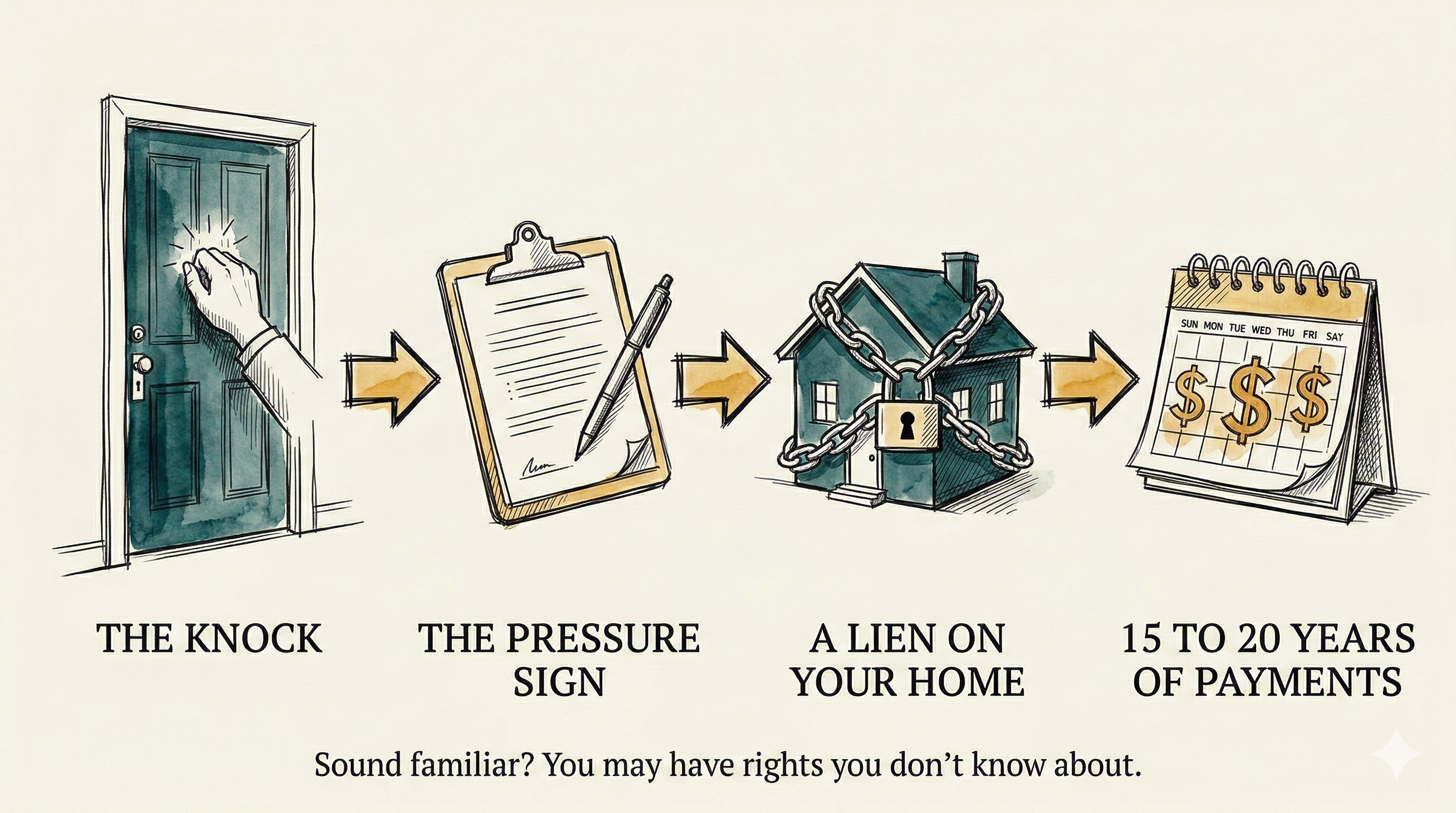 Infographic showing how homeowners get locked into HVAC contracts: The Knock, The Pressure Sign, A Lien on Your Home, 10 to 20 Years of Payments