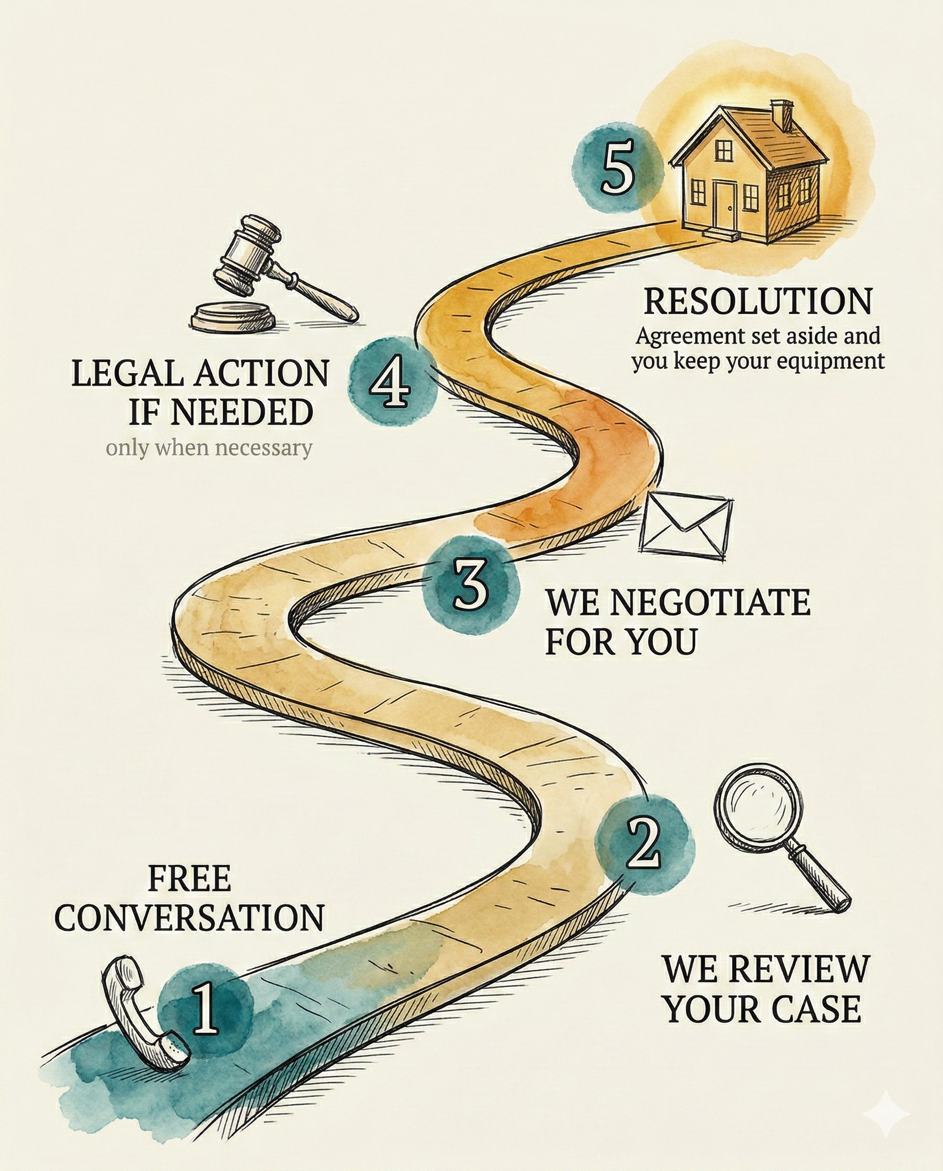 Infographic showing the five-step path to resolution: Free Conversation, We Review Your Case, We Negotiate For You, Legal Action If Needed, Resolution