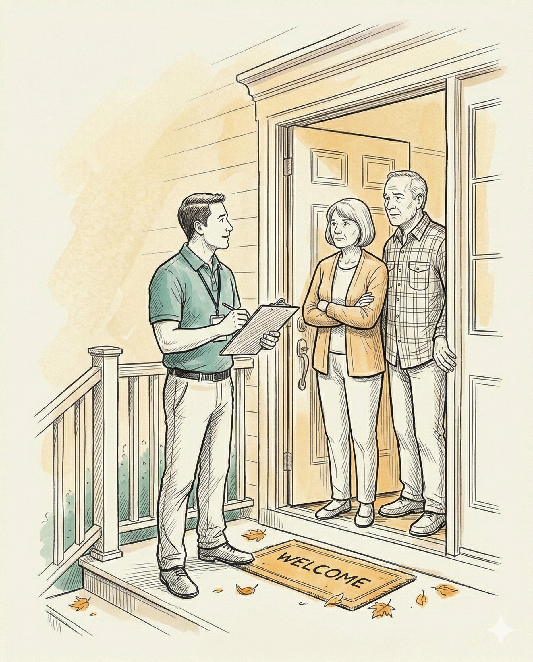 Illustration of an HVAC salesman at a homeowner's front door