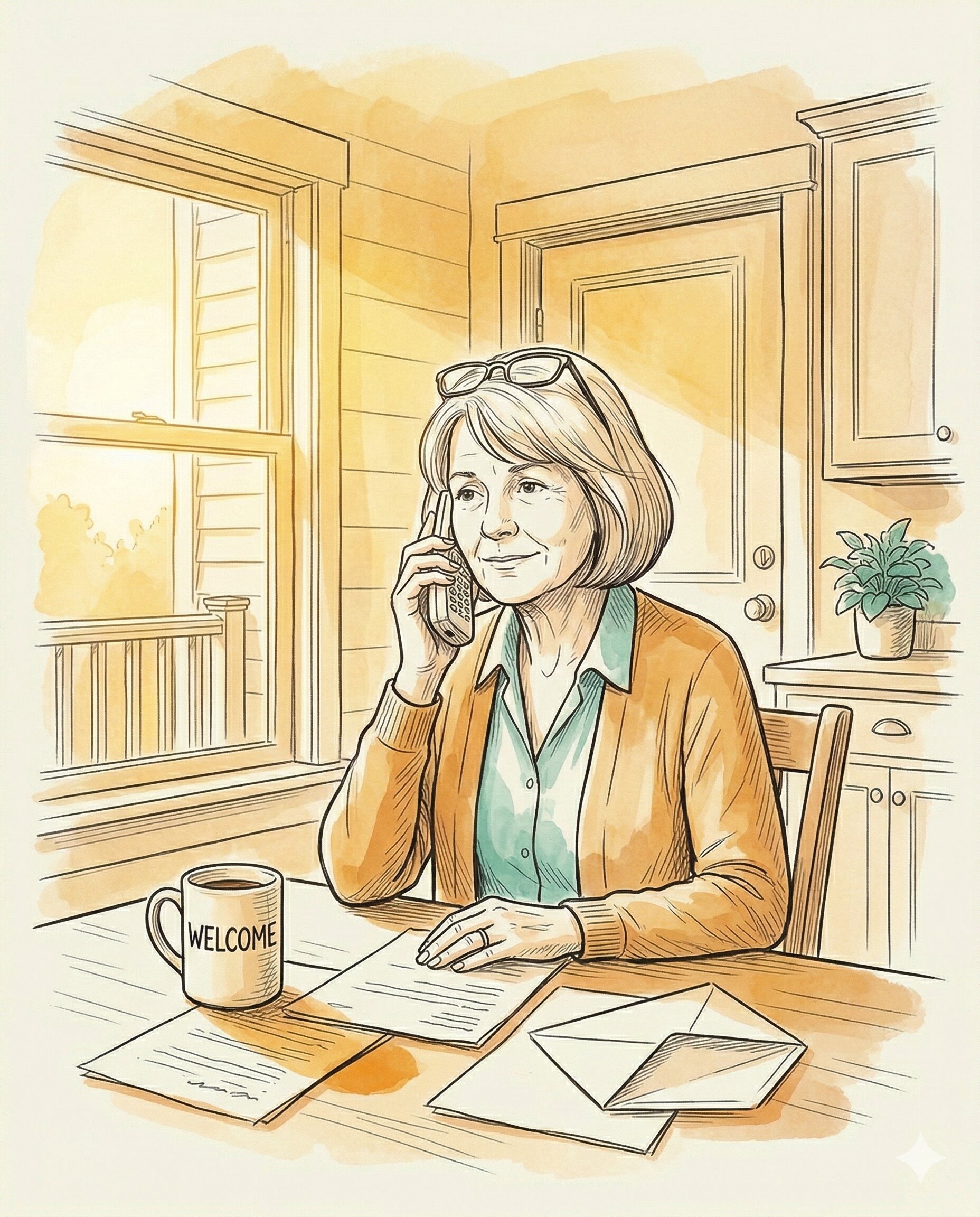 Illustration of a woman calling Oakwell Partners and feeling relieved